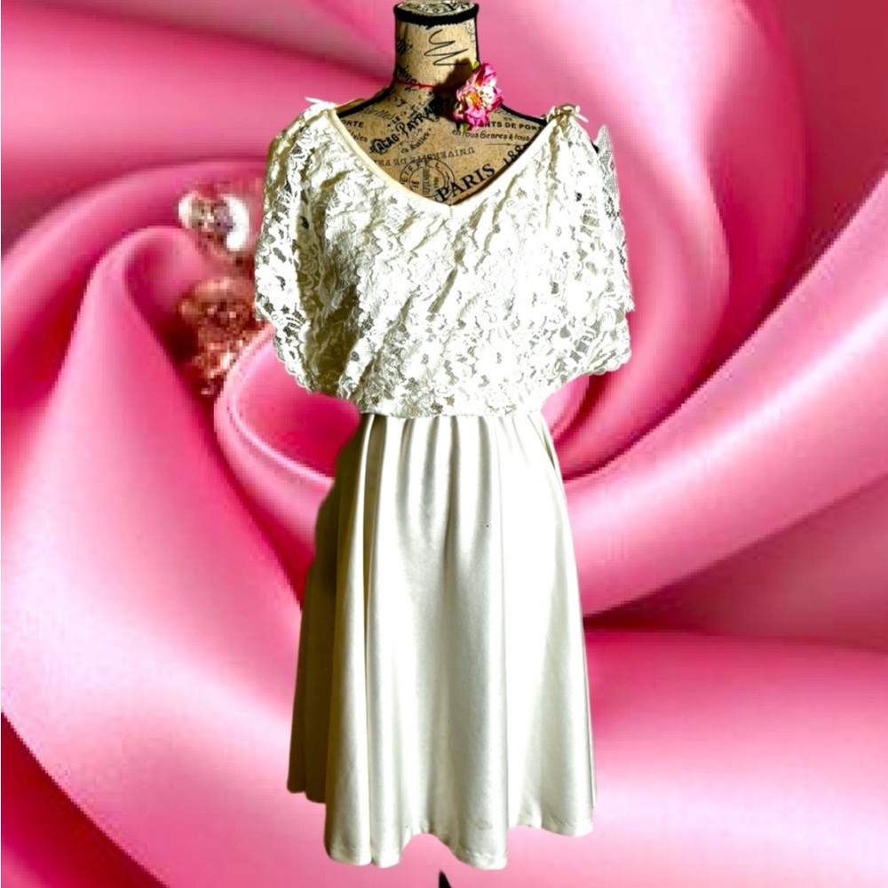 Vintage White Lace Top Cream Skirt Dress